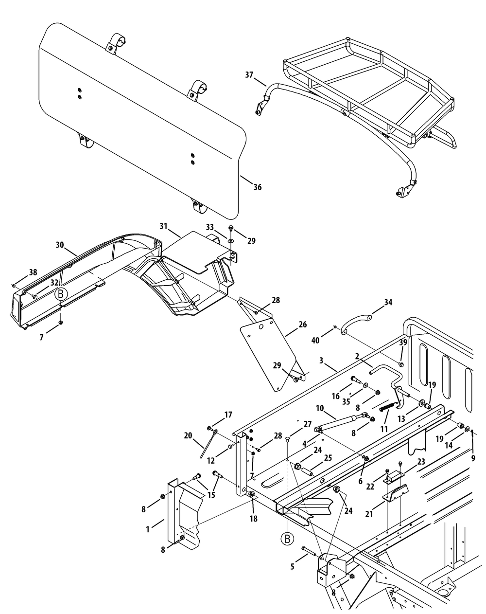 Rear Left Fender And Cargo Bed Diagram and Parts List for 46D 4X4-37ACD710 Cub Cadet Lawn Tractor Accessories